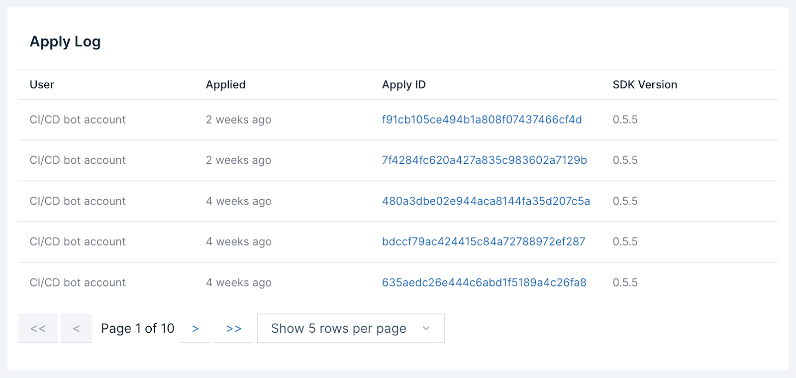 Image showing audit log of changes applied to a workspace in Tecton.