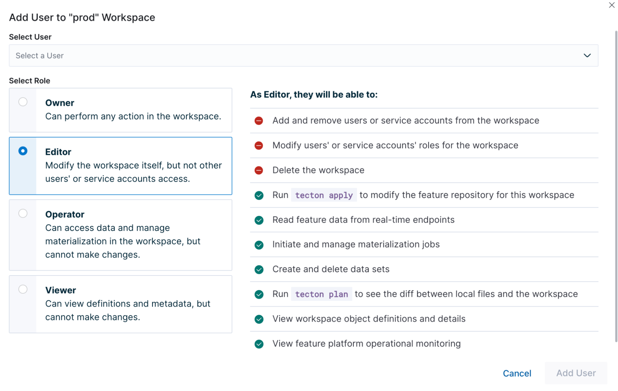 Screenshot showing how access control lists (ACL) work in Tecton's feature platform.