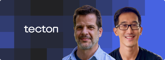 portraits of sergio and david beside the Tecton logo with pixelated blue graphics