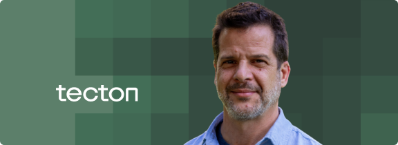 portrait of sergio beside the Tecton logo with pixelated green graphics