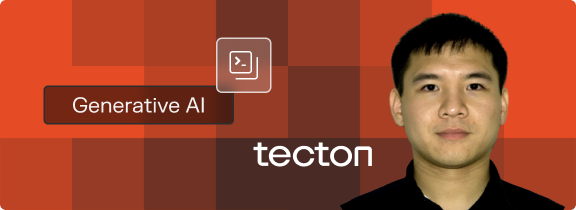 portrait of Han beside the Tecton logo and graphics indicating Generative AI with pixelated red graphics
