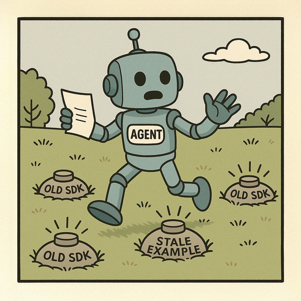 Cartoon illustration of a robot with an Agent name tag running while holding a piece of paper and running over landmines. Landmines contain text: Old SDK and Stale Example.