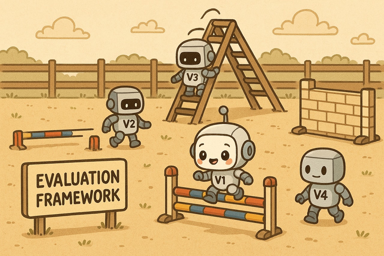 Cartoon robots playing in a playground with obstacles. Different versions (V1-V4) of robots navigate equipment including hurdles and a ladder, with a sign labeled 'EVALUATION FRAMEWORK' in the foreground, representing the need for testing AI agent capabilities across versions.
