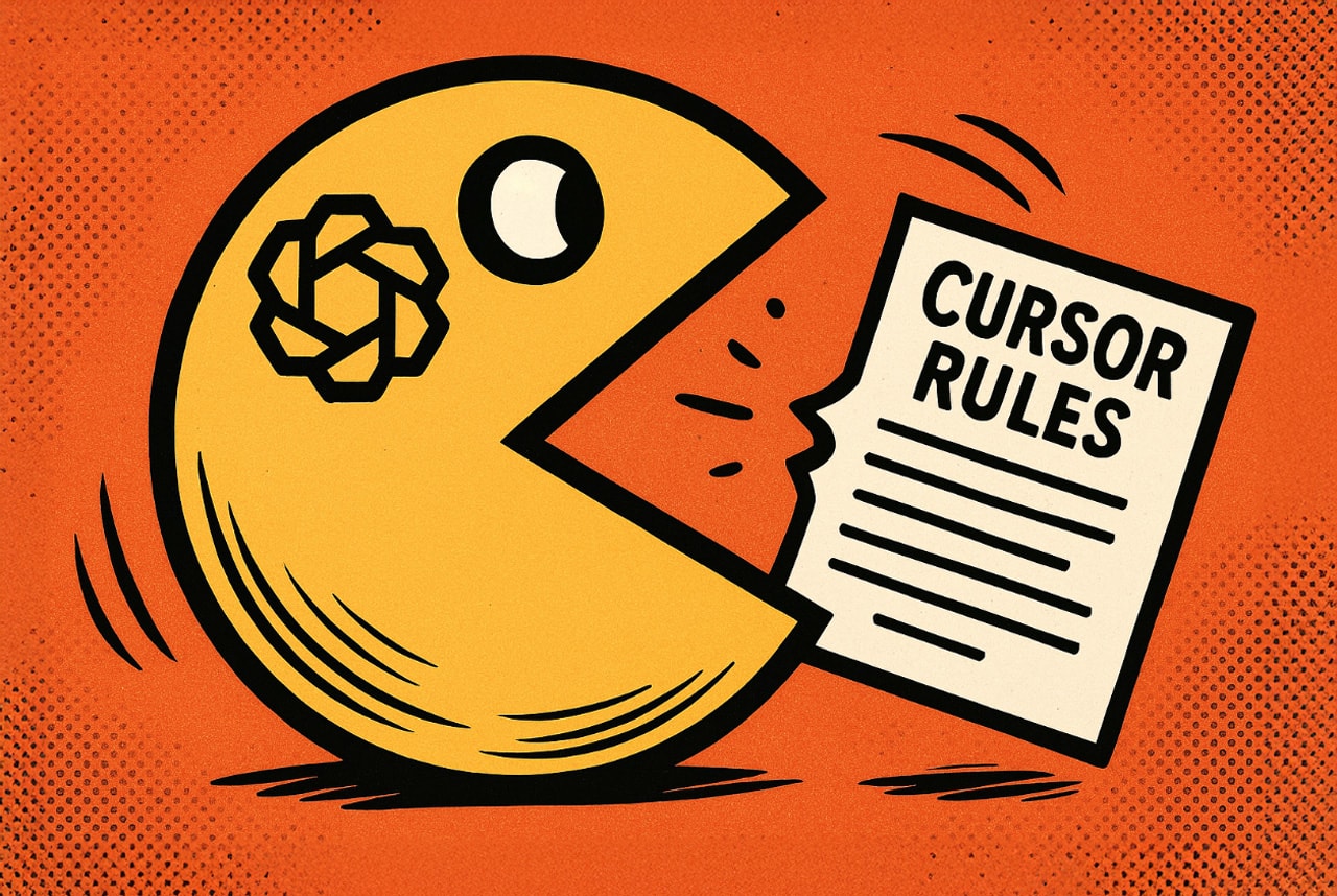 Cartoon of a Pac-Man-like character eating a document labeled 'CURSOR RULES'.