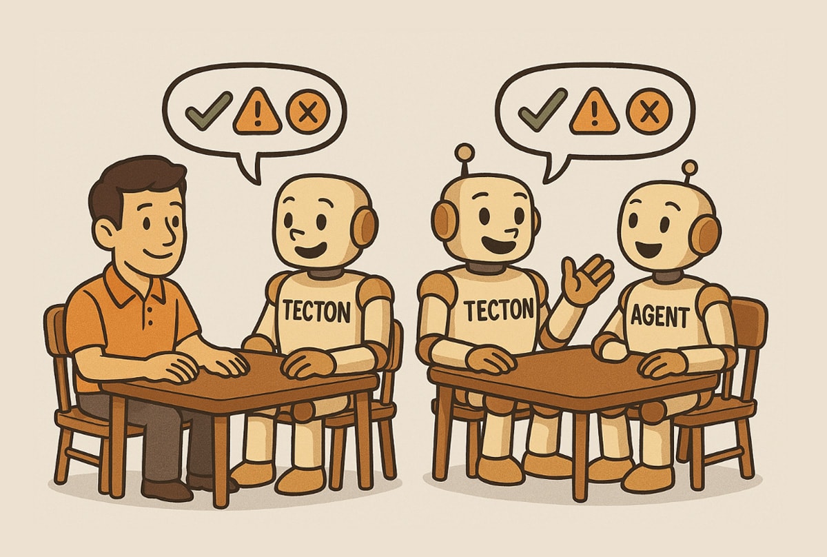  Illustration showing two pairs at tables. On the left, a person sits with a robot labeled 'TECTON.' On the right, two robots labeled 'TECTON' and 'AGENT' sit together. Both robots have speech bubbles containing checkmark, warning, and X symbols, suggesting evaluation or decision-making capabilities.