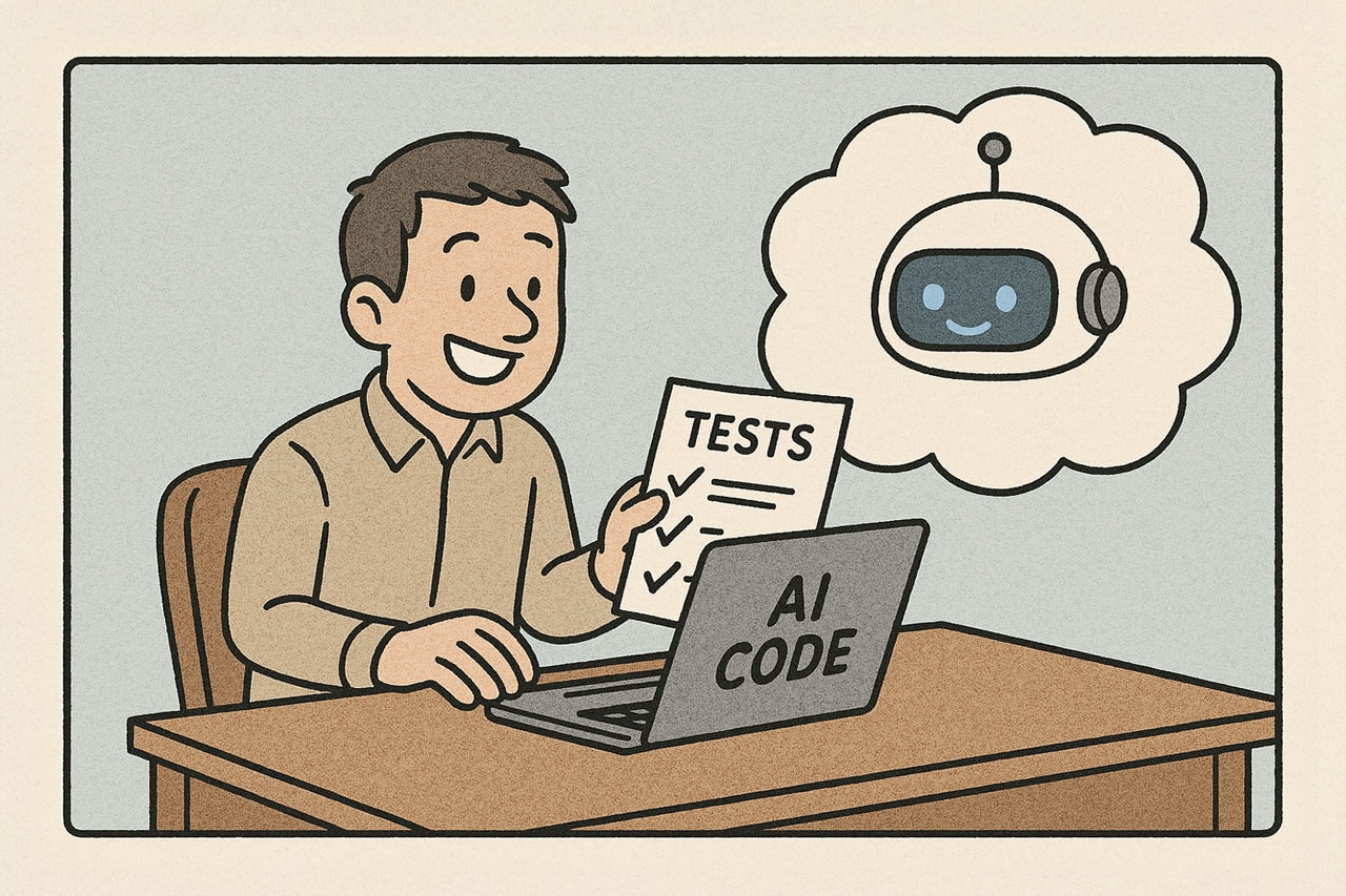 Illustration of a person at a desk working on a laptop labeled 'AI CODE'. They're holding a document labeled 'TESTS' with visible checkmarks, emphasizing the critical role of testing in verifying AI-generated code. A thought bubble shows a smiling robot assistant, representing the AI that helps write code which requires rigorous validation since humans likely won't review every line of AI-generated code.