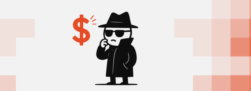 Cartoon spy figure in black trench coat and hat with a red dollar sign beside them