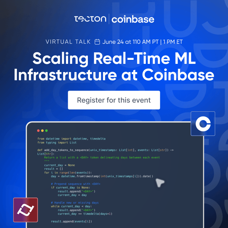 A stylized image showing a code editor with Coinbase and Tecton logos.