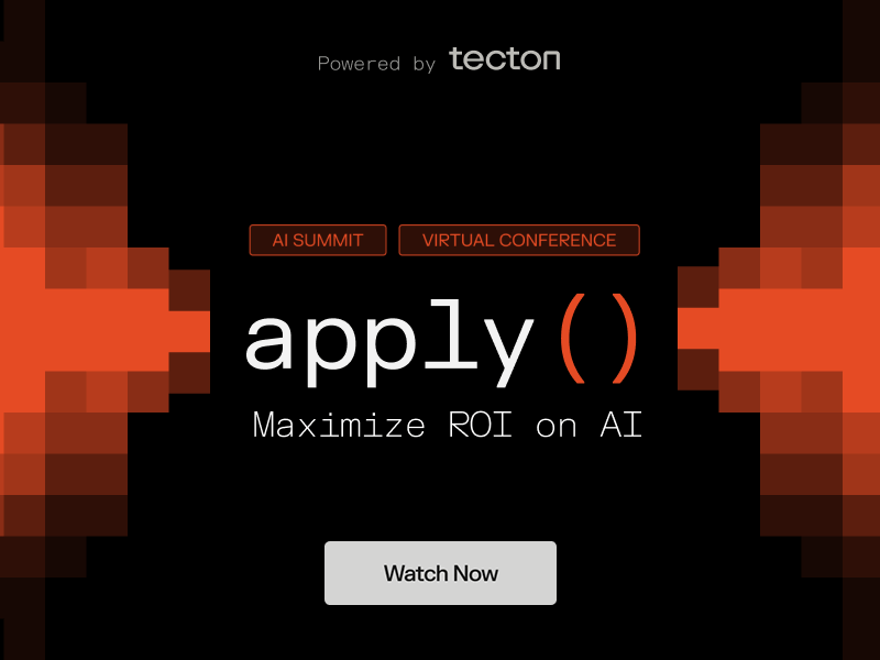 Banner for the apply AI Summit virtual conference themed Maximize ROI on AI, with a Watch Now call-to-action and pixelated red-orange graphics