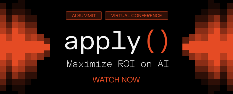Banner for the apply AI Summit virtual conference themed Maximize ROI on AI, with Watch Now call-to-action and pixelated red-orange graphics