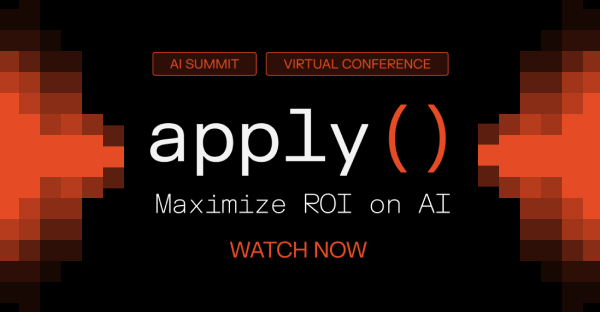 Banner for the apply AI Summit virtual conference themed Maximize ROI on AI, with Watch Now call-to-action and pixelated red-orange graphics