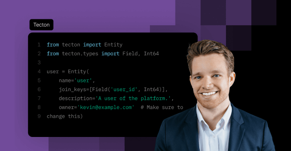 Man in a suit stands beside Python code snippet