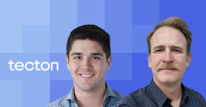 Headshot of two speakers infront of a blue, pixel textured background